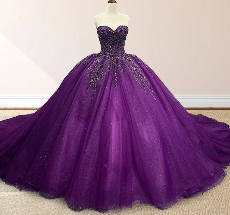 Deep Purple Ballgown Sweetheart Strapless Sleeveless Lace-up Back Sweep Train Quinceañera Dress