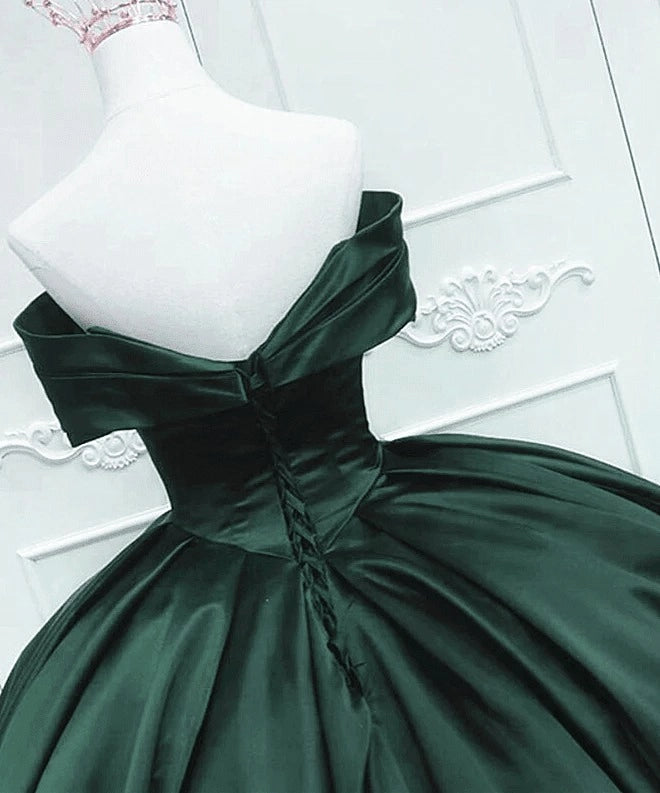 Dark Green Satin Ball Gown Off The Shoulder Lace Up Back Quinceañera Dress