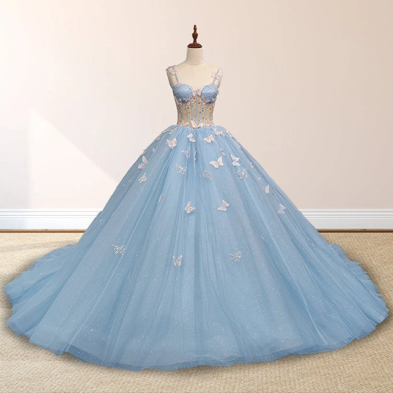 Sky Blue Ballgown Sweetheart Spaghetti Strap Lace-up Back Court Train Quinceañera Dress