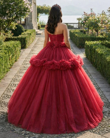 Vedress burgundy strapless quinceanera dress lace up back view, layered ruffle tulle ballgown