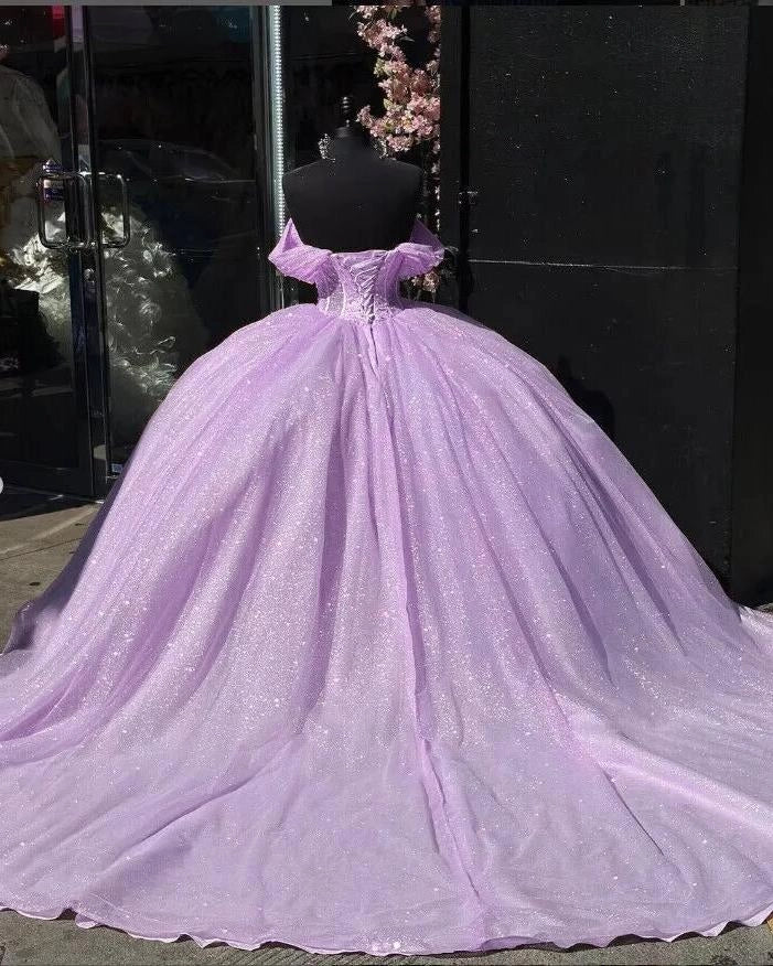Lavender Ballgown Sweetheart Off-shoulder Lace-up Back Sweep Train Quinceañera Dress