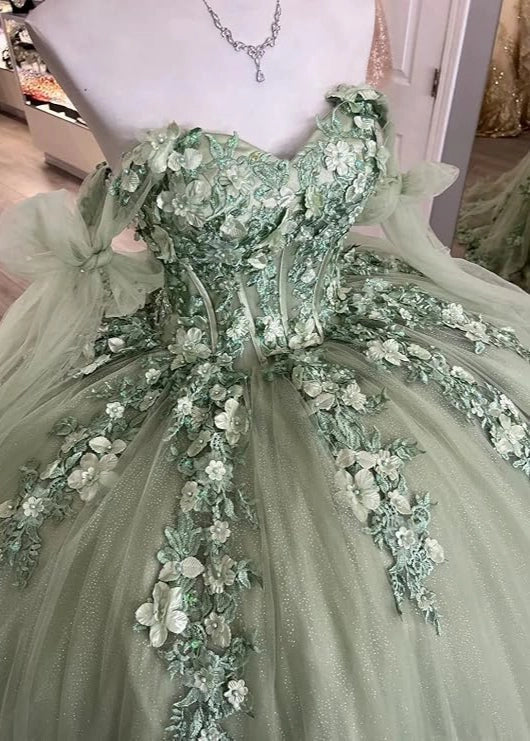 Sage Green Ball Gown Off Shoulder Cape Sleeve Lace Up Back Long Quinceañera Dress