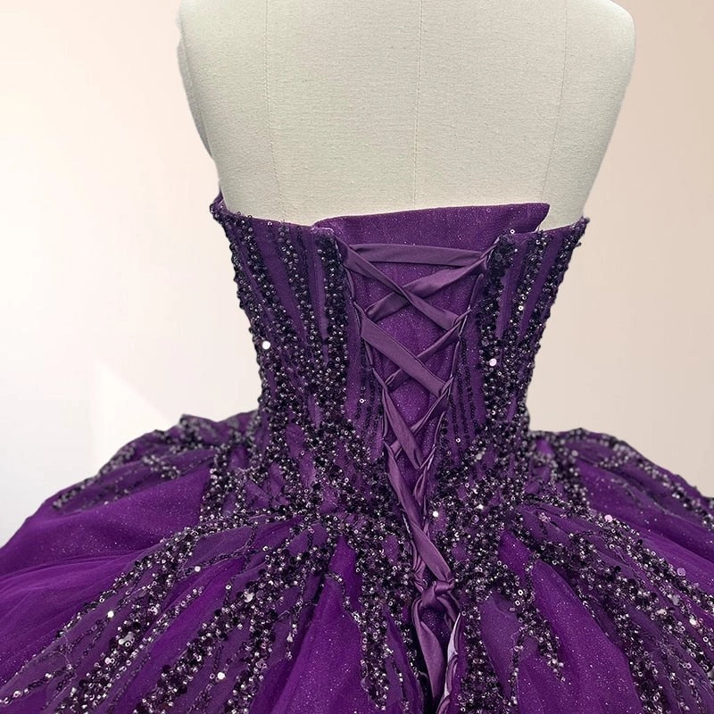 Deep Purple Ballgown Sweetheart Strapless Sleeveless Lace-up Back Sweep Train Quinceañera Dress