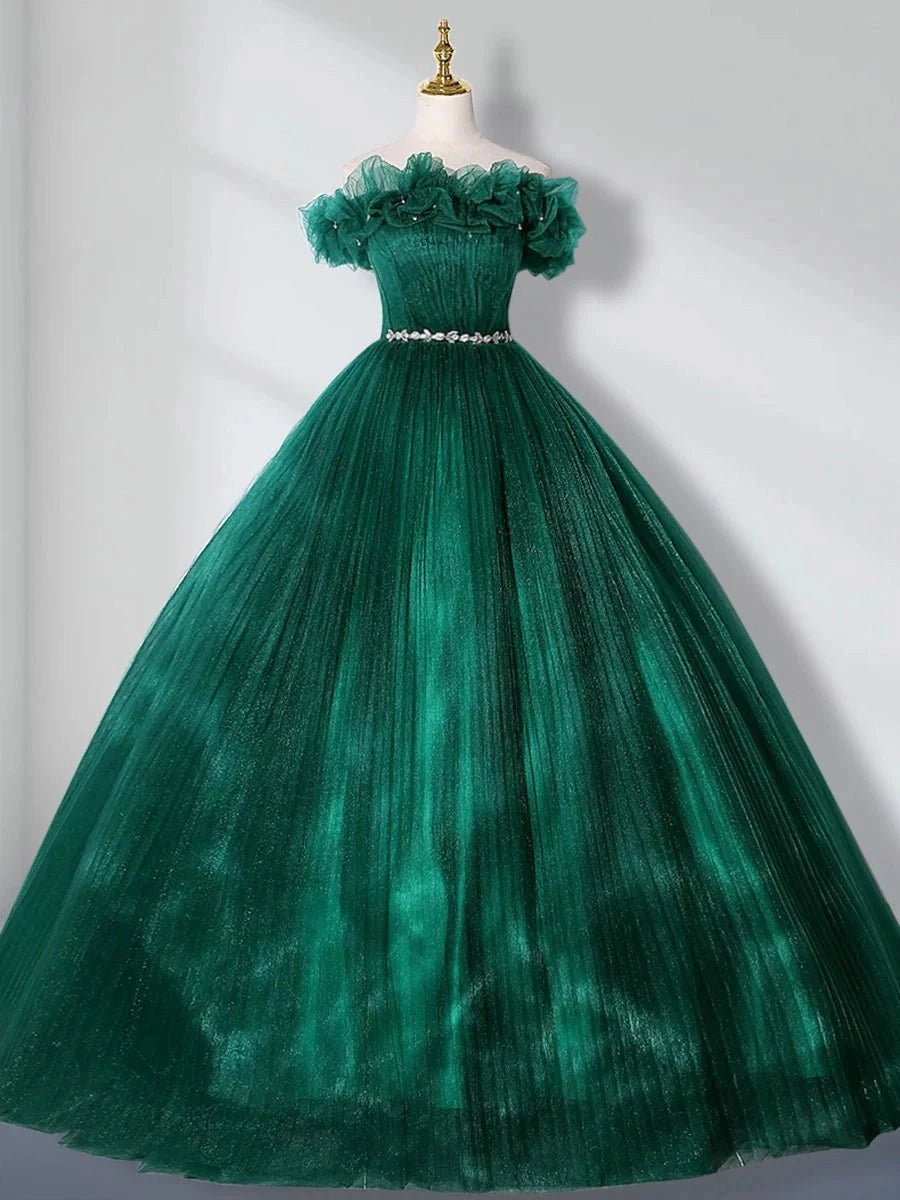Emerald Green Ballgown Off Shoulder Ruffle Sleeve Lace-up Back Floor Length Quinceañera Dress