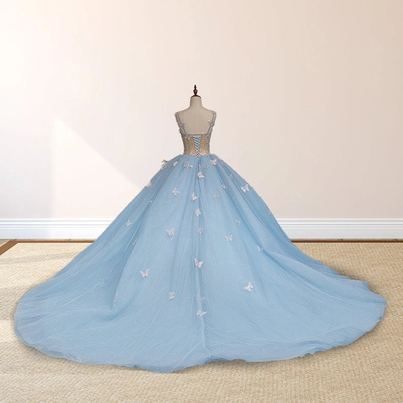Sky Blue Ballgown Sweetheart Spaghetti Strap Lace-up Back Court Train Quinceañera Dress