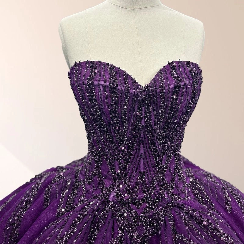 Deep Purple Ballgown Sweetheart Strapless Sleeveless Lace-up Back Sweep Train Quinceañera Dress