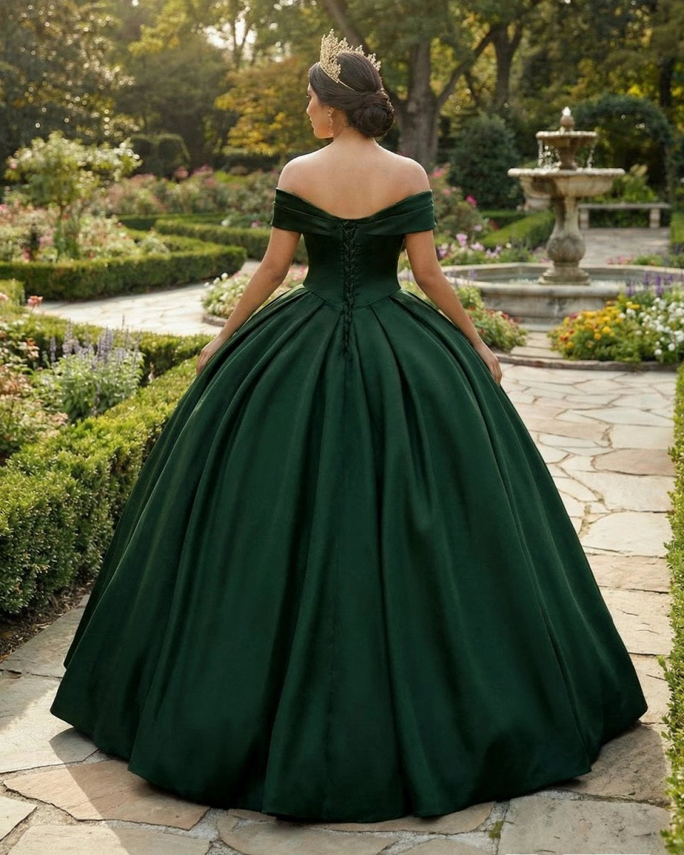 Vedress dark green satin quinceañera dress lace-up corset back off shoulder ballgown back view
