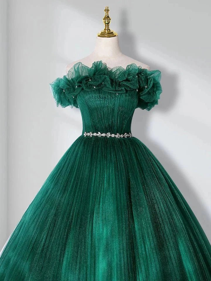 Emerald Green Ballgown Off Shoulder Ruffle Sleeve Lace-up Back Floor Length Quinceañera Dress
