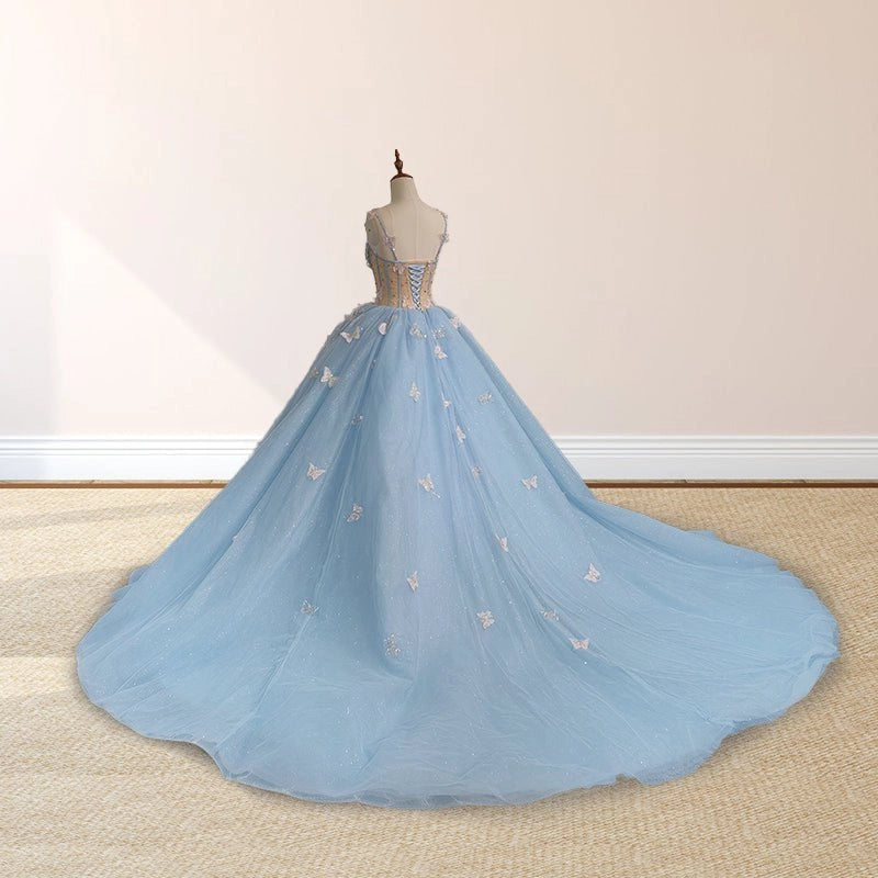 Sky Blue Ballgown Sweetheart Spaghetti Strap Lace-up Back Court Train Quinceañera Dress