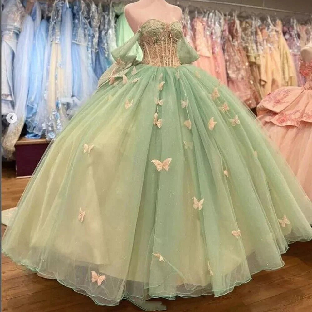 Sage Green Ball Gown Off Shoulder Puff Sleeve Lace Up Back Long Quinceañera Dress