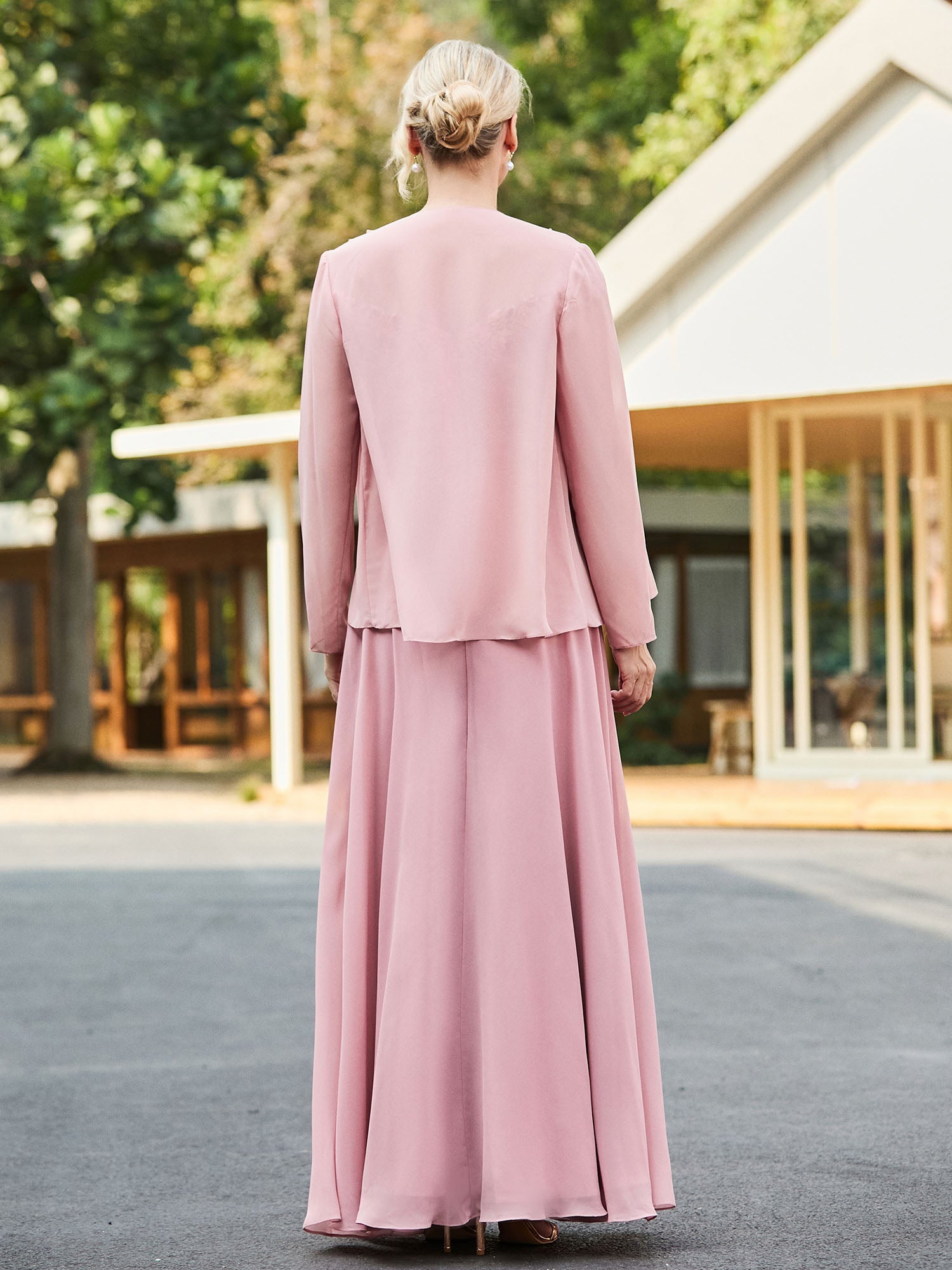 Elegant Dusty Pink Mother of the Bride Dress - Lace Bodice, Chiffon Jacket, Floor-Length A-Line Gown