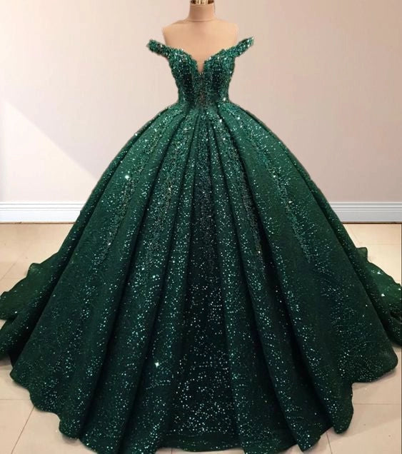 Ball Gown Off The Shoulder V Neck Lace Up Back Sequin Quinceañera Dress