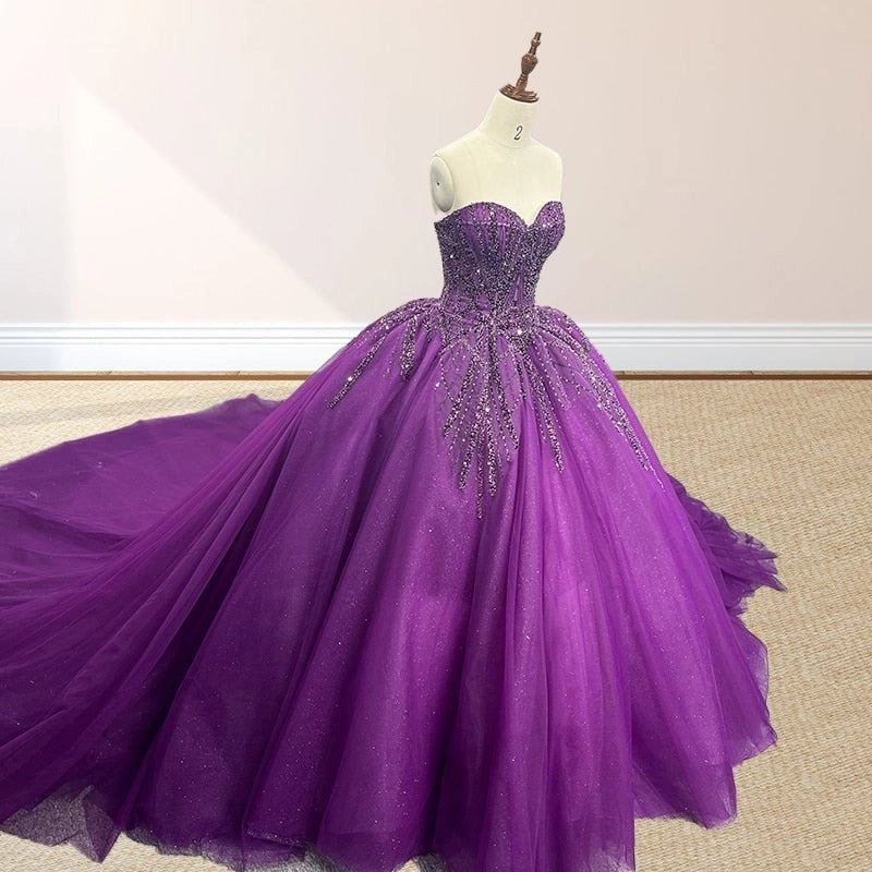 Deep Purple Ballgown Sweetheart Strapless Sleeveless Lace-up Back Sweep Train Quinceañera Dress
