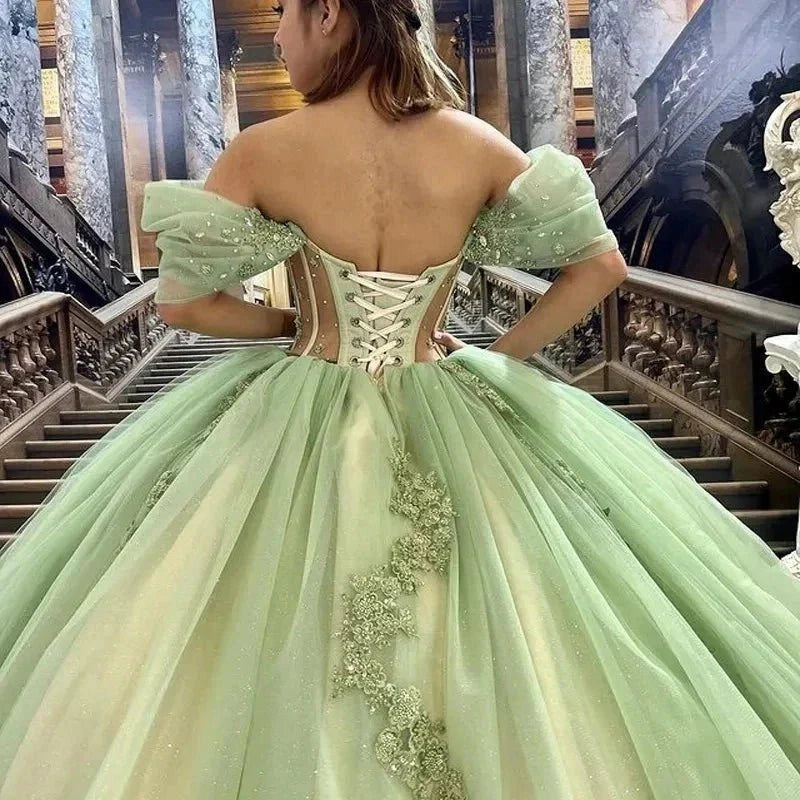 Lime Green Ballgown Sweetheart Off Shoulder Puff Sleeve Lace-up Back Sweep Train Quinceañera Dress
