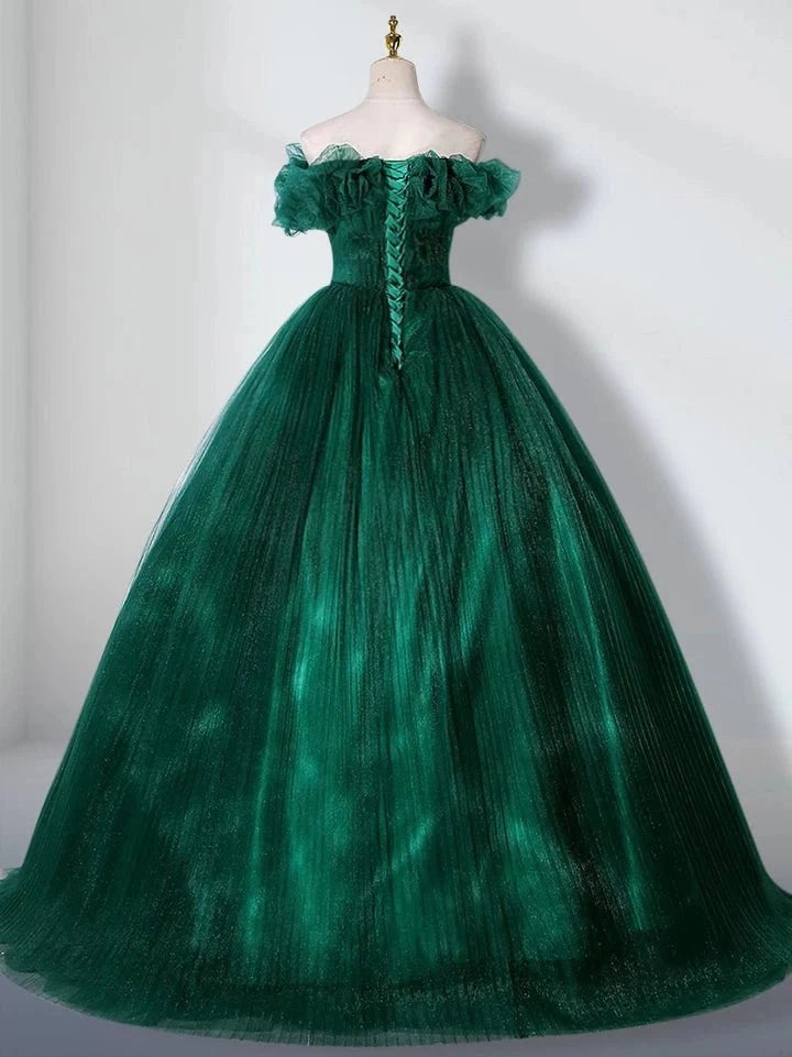Emerald Green Ballgown Off Shoulder Ruffle Sleeve Lace-up Back Floor Length Quinceañera Dress