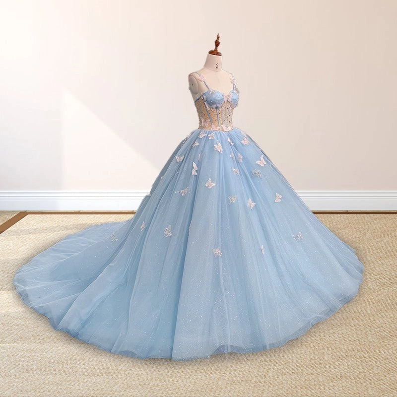 Sky Blue Ballgown Sweetheart Spaghetti Strap Lace-up Back Court Train Quinceañera Dress