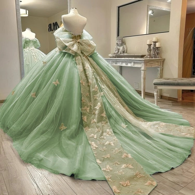Sage Green Ball Gown Off Shoulder Puff Sleeve Lace Up Back Long Quinceañera Dress