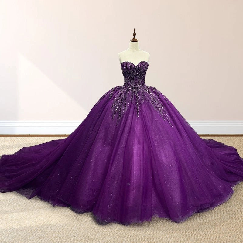 Deep Purple Ballgown Sweetheart Strapless Sleeveless Lace-up Back Sweep Train Quinceañera Dress