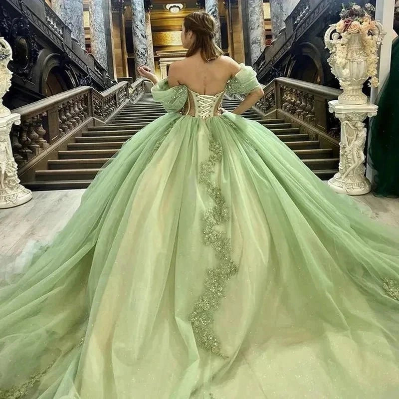Lime Green Ballgown Sweetheart Off Shoulder Puff Sleeve Lace-up Back Sweep Train Quinceañera Dress