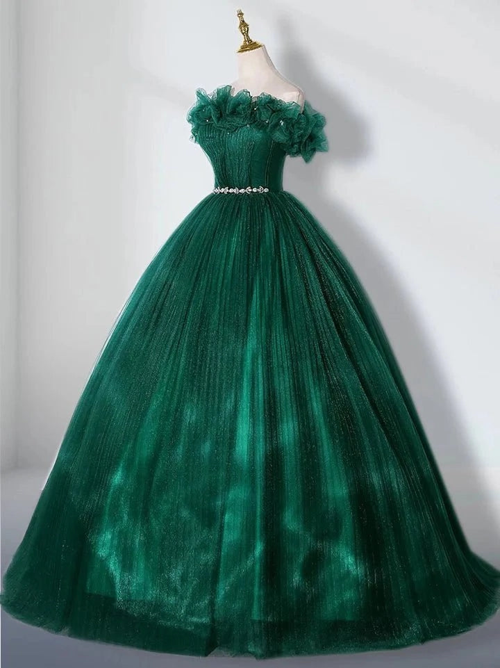 Emerald Green Ballgown Off Shoulder Ruffle Sleeve Lace-up Back Floor Length Quinceañera Dress