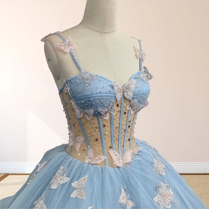 Sky Blue Ballgown Sweetheart Spaghetti Strap Lace-up Back Court Train Quinceañera Dress