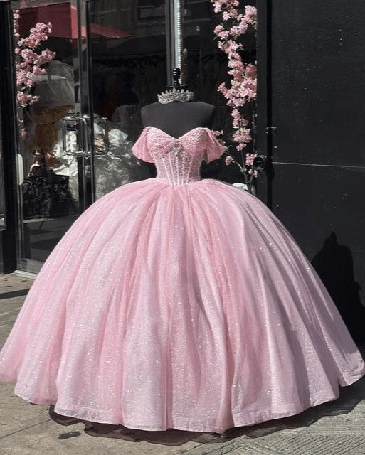 Lavender Ballgown Sweetheart Off-shoulder Lace-up Back Sweep Train Quinceañera Dress