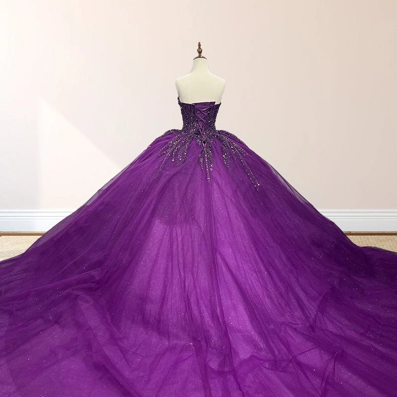 Deep Purple Ballgown Sweetheart Strapless Sleeveless Lace-up Back Sweep Train Quinceañera Dress