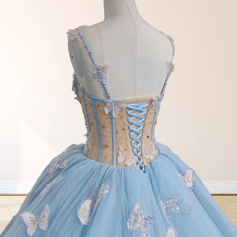 Sky Blue Ballgown Sweetheart Spaghetti Strap Lace-up Back Court Train Quinceañera Dress