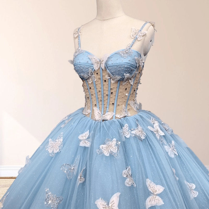 Sky Blue Ballgown Sweetheart Spaghetti Strap Lace-up Back Court Train Quinceañera Dress
