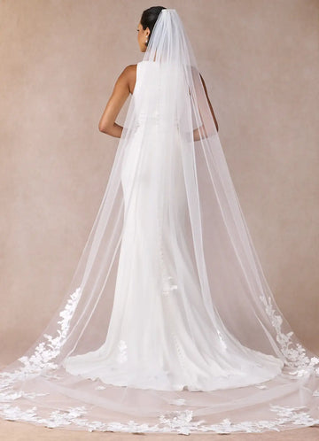 Elegant Sheer Tulle Floral Applique Cathedral Length Bridal Wedding Veil