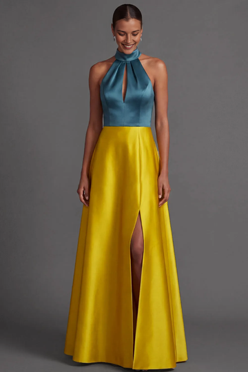 Color Block Halter Keyhole Open Back Satin A-Line Maxi Formal Dress with Front Slit