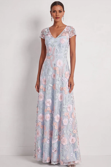 Short Sleeve V-Neck Floral Embroidery Tulle A-Line Floor Length Formal Evening Gown