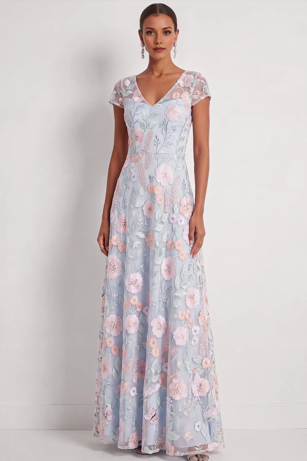 Short Sleeve V-Neck Floral Embroidery Tulle A-Line Floor Length Formal Evening Gown