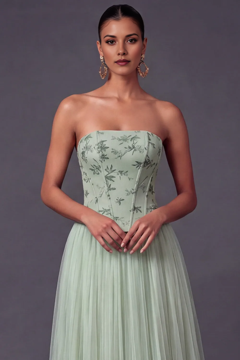 Strapless Floral Embroidered Corset Bodice Pleated Tulle Midi Bridesmaid Formal Dress