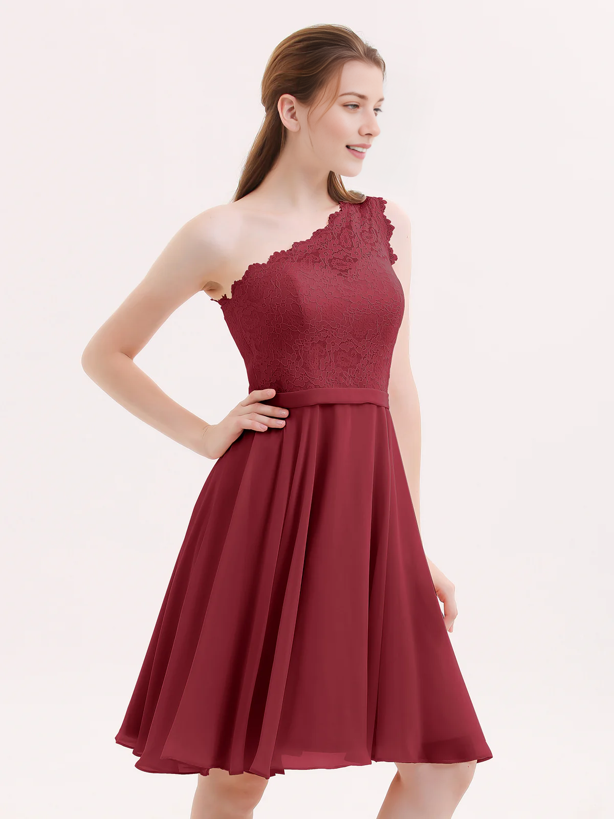 One Shoulder Lace Top A-Line Knee-Length Chiffon Bridesmaid Homecoming Short Dress