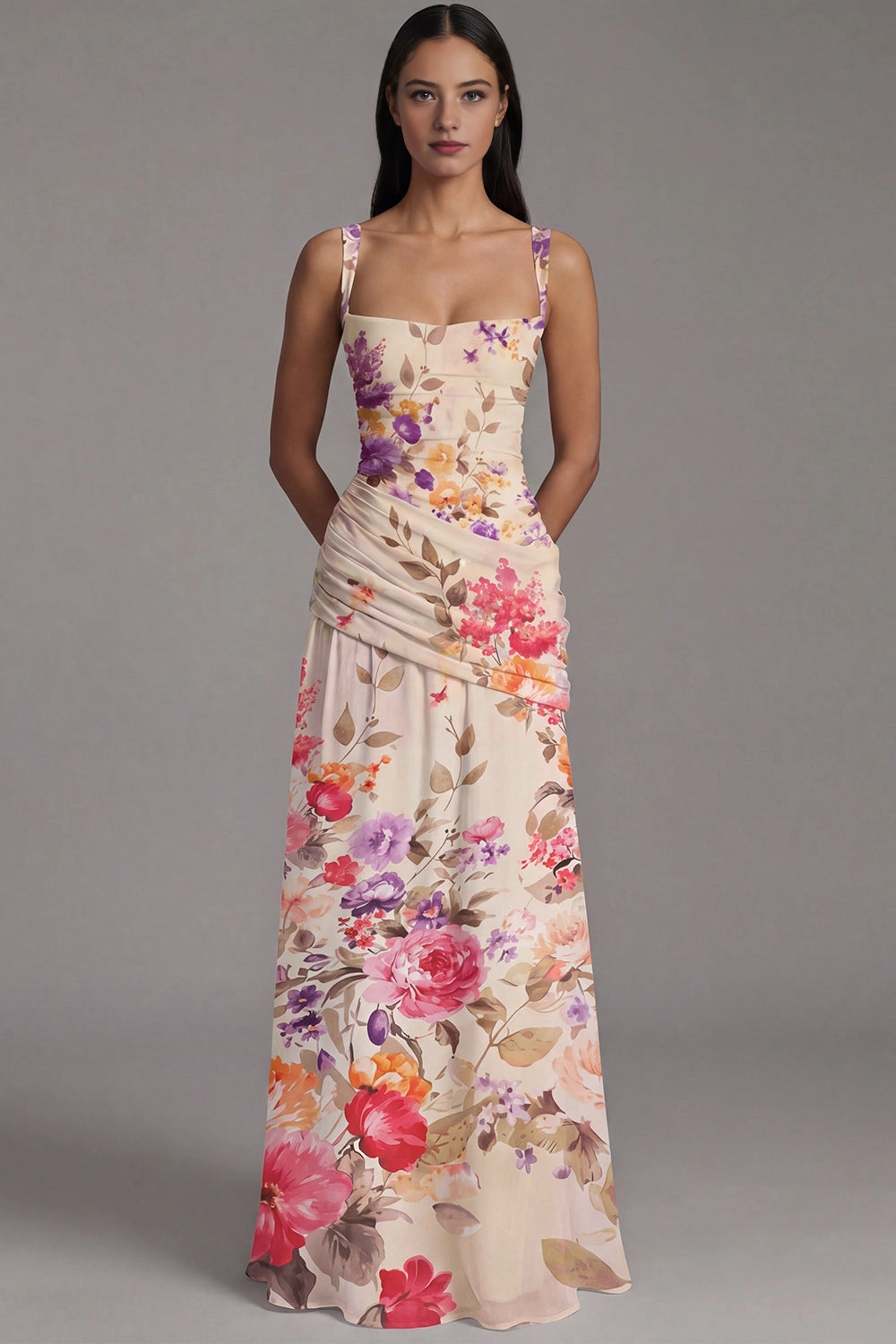 Printed Slip Square Neck Sleeveless Zip Back Maxi Wedding Guest Dress