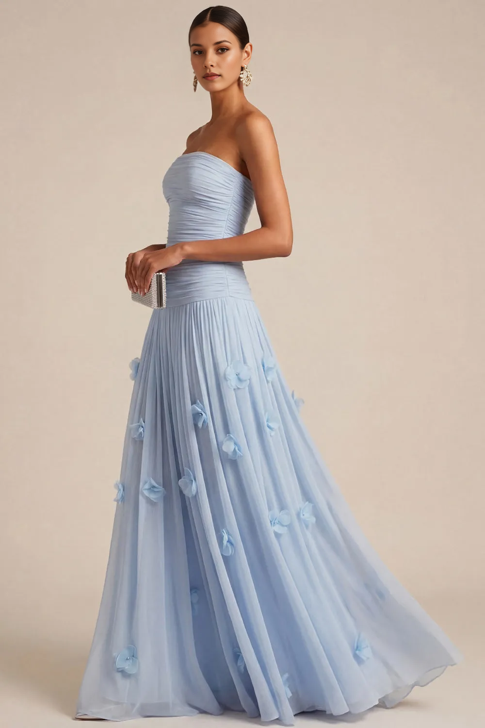 Strapless Ruched Bodice Tulle Gown with 3D Floral Appliqués