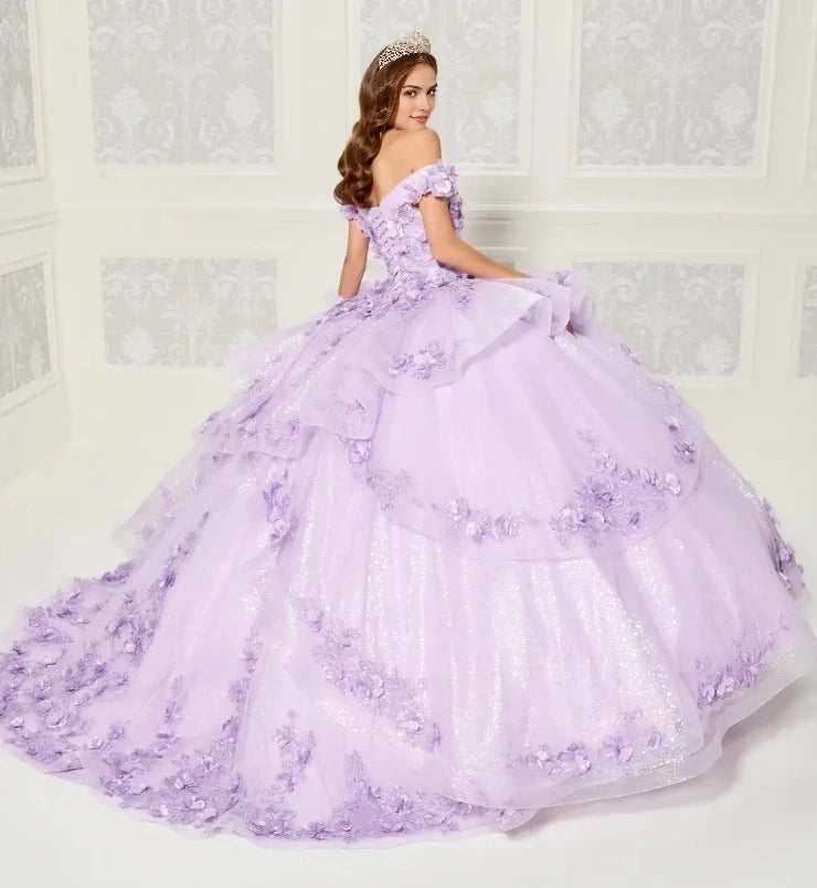 Dreamy Ball Gown Off-Shoulder Short Sleeve Lace-Up Back Court Train Quinceanera Dress