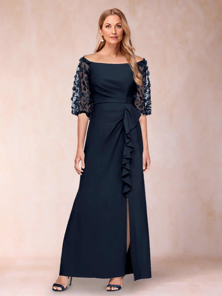 Elegant A Line Off The Shoulder 3D Floral Sleeves Zip Back Floor Length Mother Of The Bride Dress