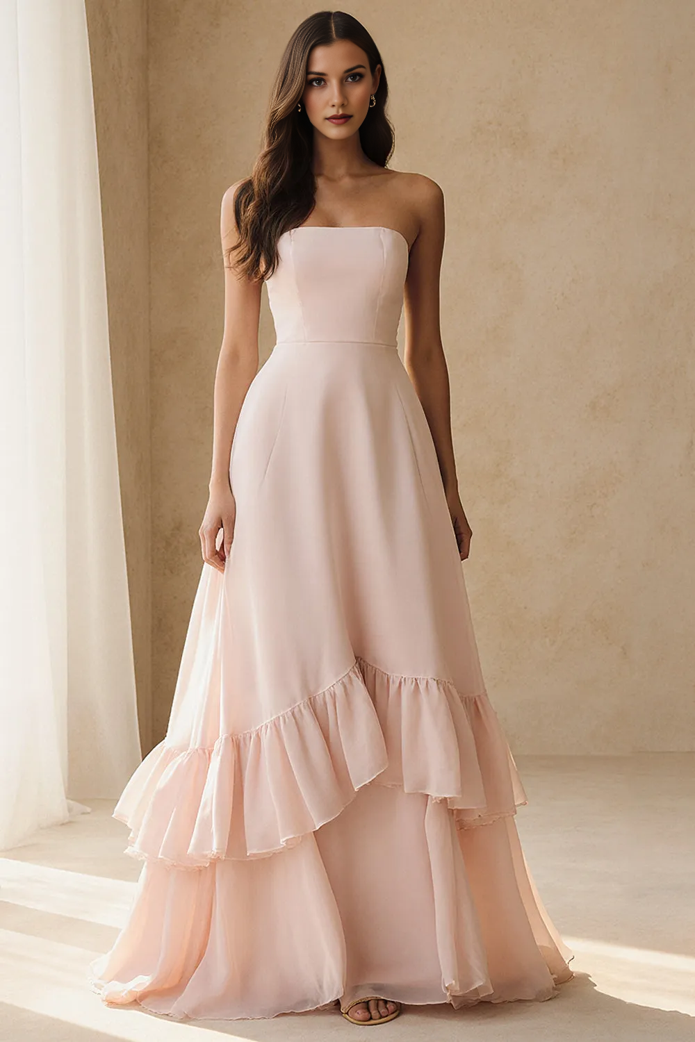 Strapless Tiered Ruffle Chiffon A-Line Formal Evening Gown