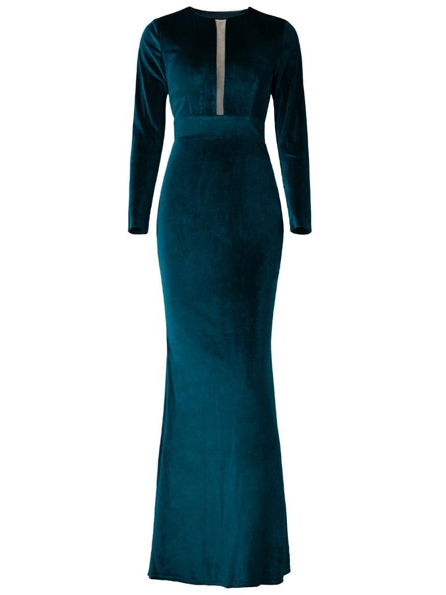 Women's Long Sleeve V-Neck Velvet Green Evening Dress Mermaid Party Wedding Guest Dresses