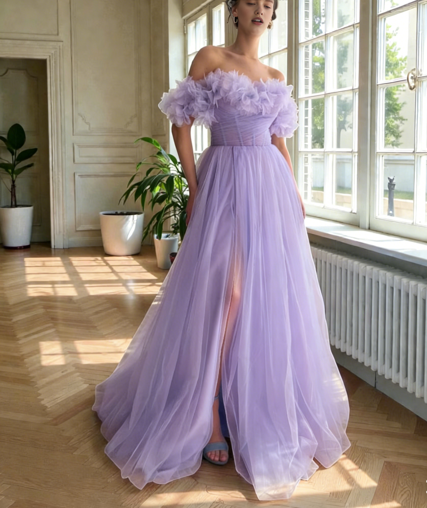 Off-the-Shoulder Tiered Ruffle Ball Gown Corset Prom Dresses Cape Evening Dress with Sheer and Side Slit