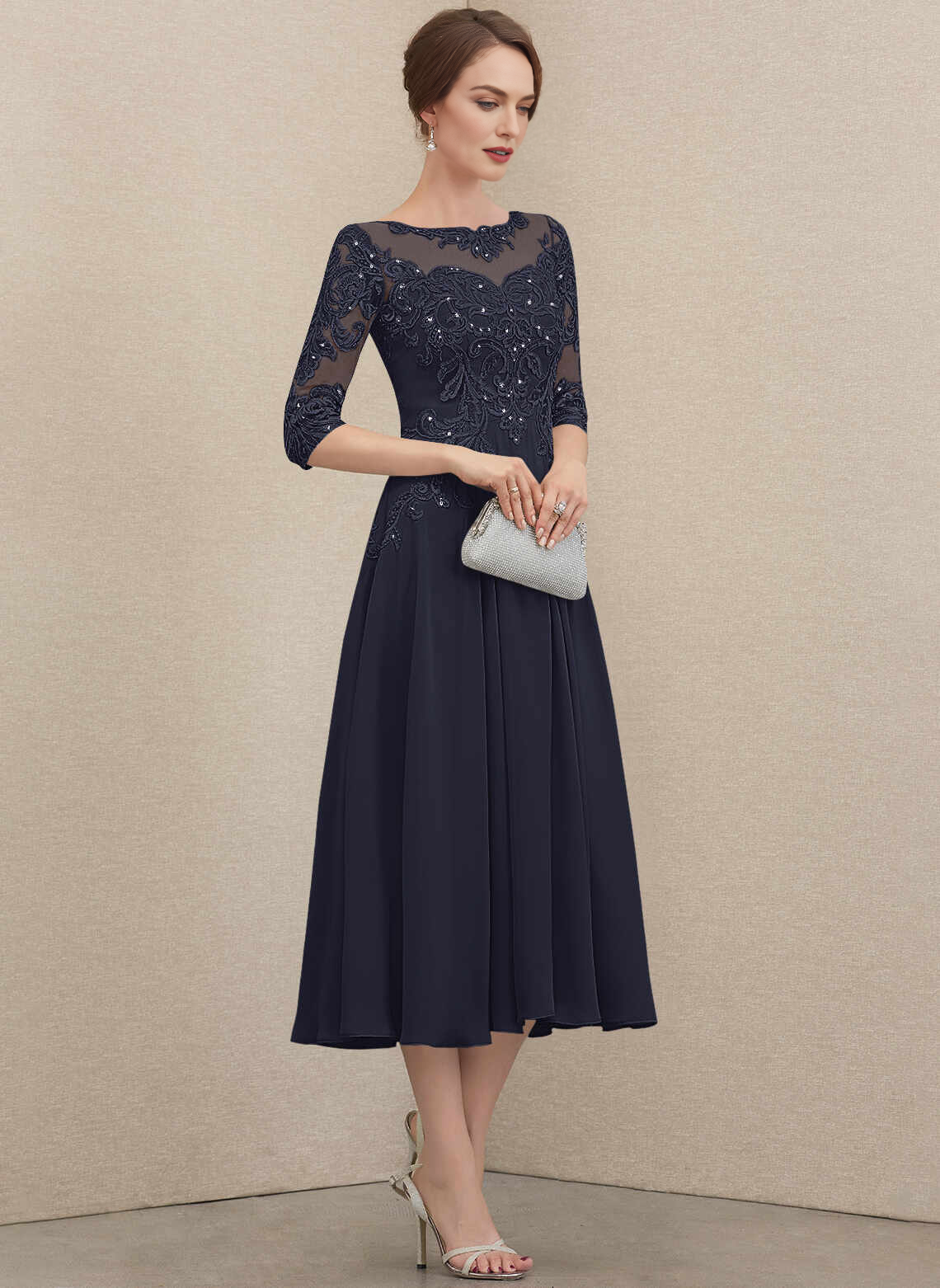 Chic A‑Line Illusion Neck Lace 3/4 Sleeve Zipper Back Midi Mother Of The Bride Dress