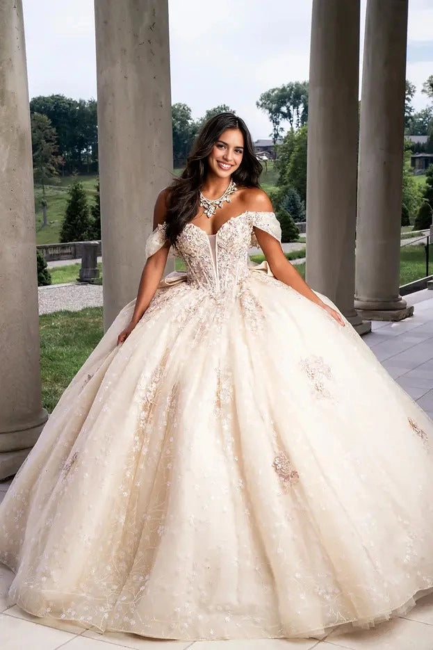 Floral Ball Gown Sweetheart Off Shoulder Corset Bow Train Quinceañera Dress