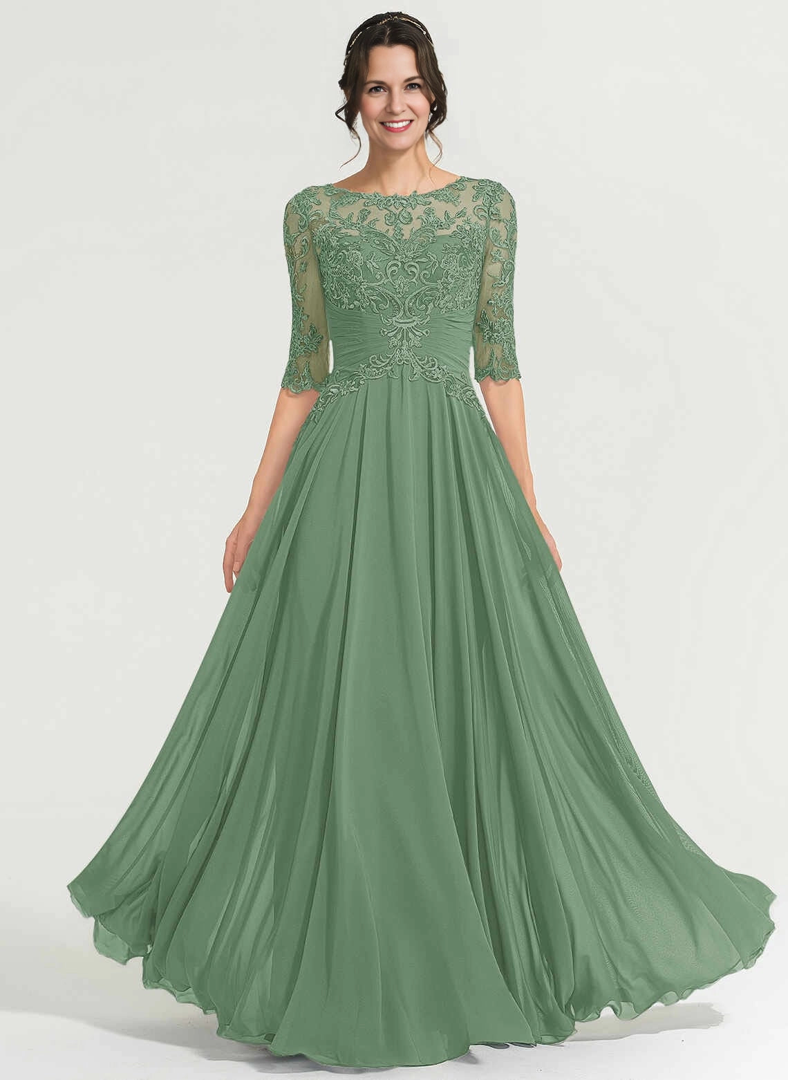 Modest A‑Line Illusion Neck Half Sleeve Zipper Back Long Mother Of The Bride Dress