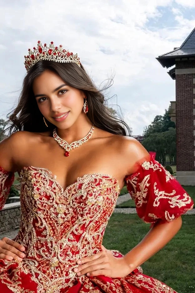 Gold Ball Gown Sweetheart Off Shoulder Corset Back Train Quinceañera Dress