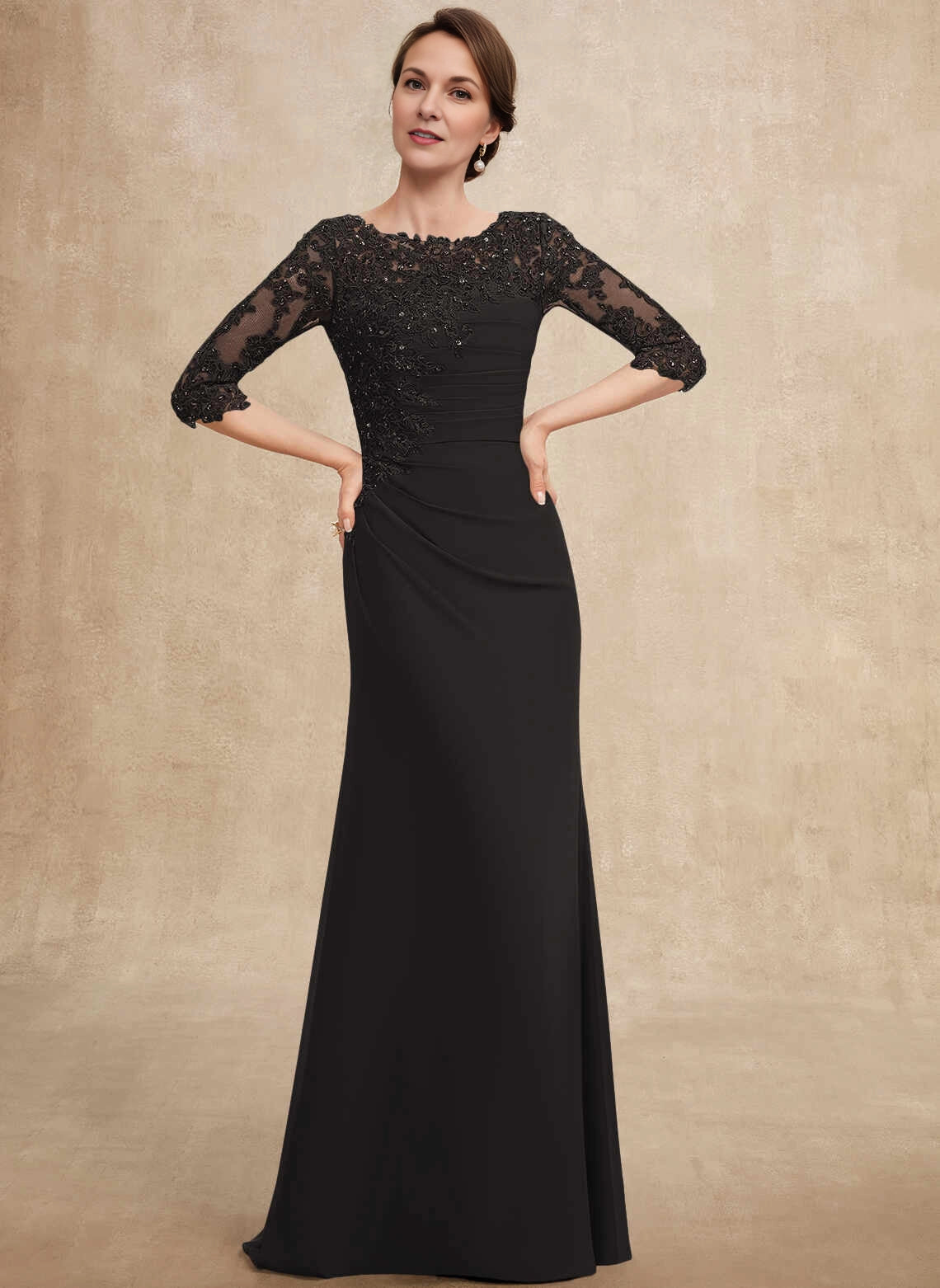 Elegant Sheath Boat Neck Lace Half Sleeve Zipper Back Long Mother Of The Bride Dress