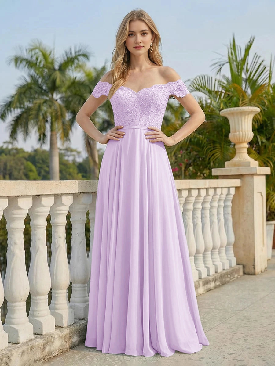Dusty‑Blue A‑Line Off‑The‑Shoulder Short‑Sleeve Button‑Back Long Wedding Guest Dress