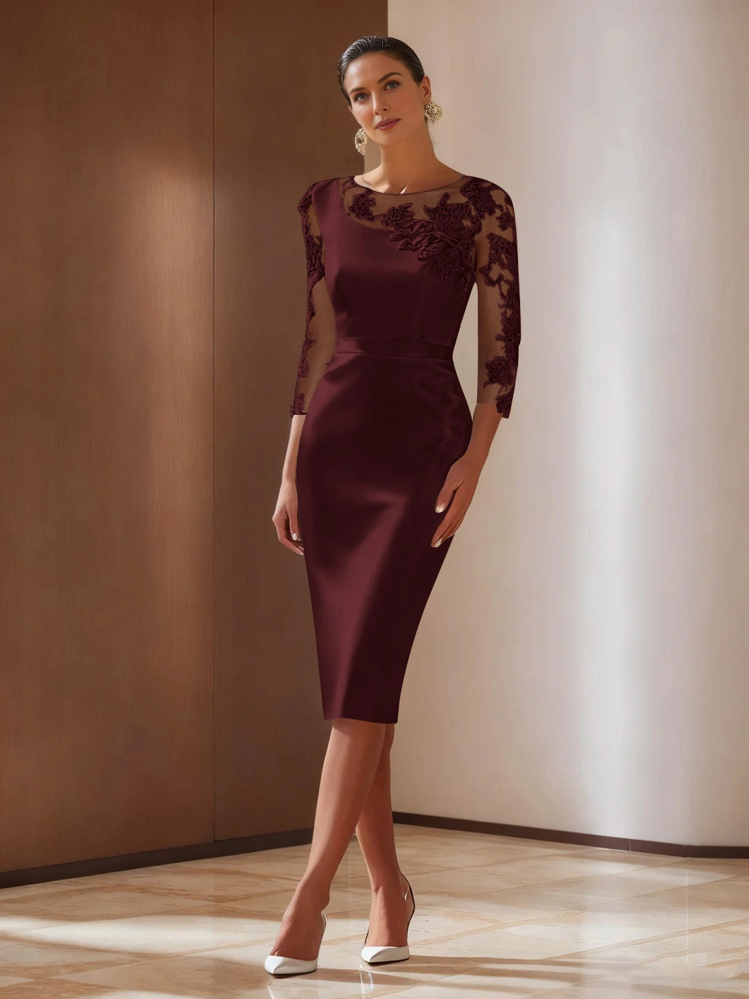 Sophisticated A‑Line Lapel‑V 3/4‑Sleeve Tie‑Back Midi Mother Of The Bride Dress