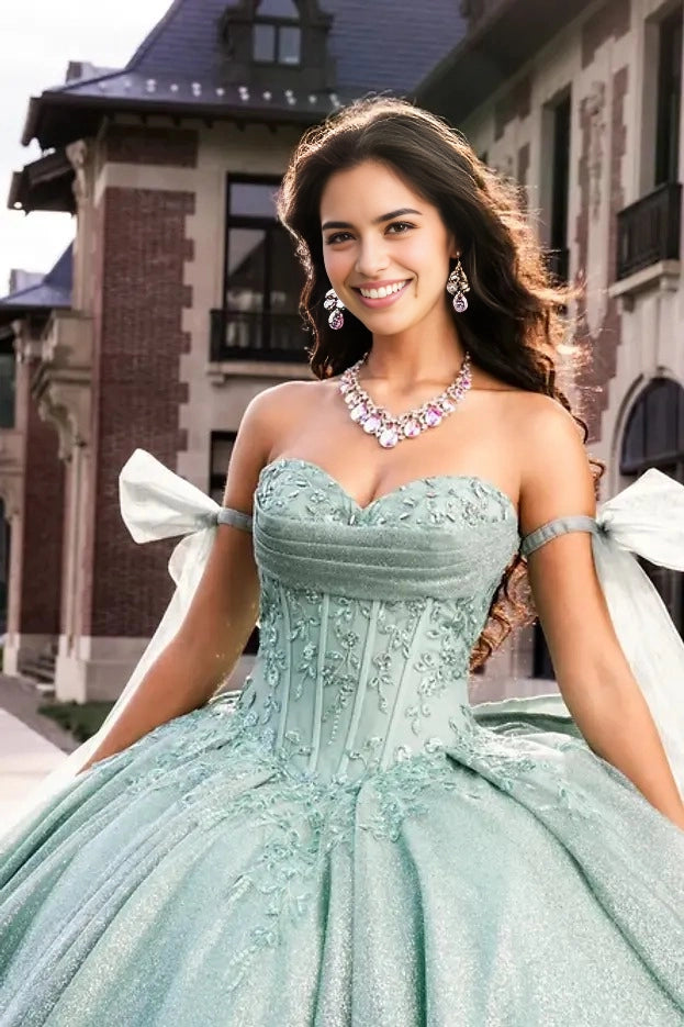 Glitter Ball Gown Sweetheart Off Shoulder Bow Corset Train Quinceañera Dress